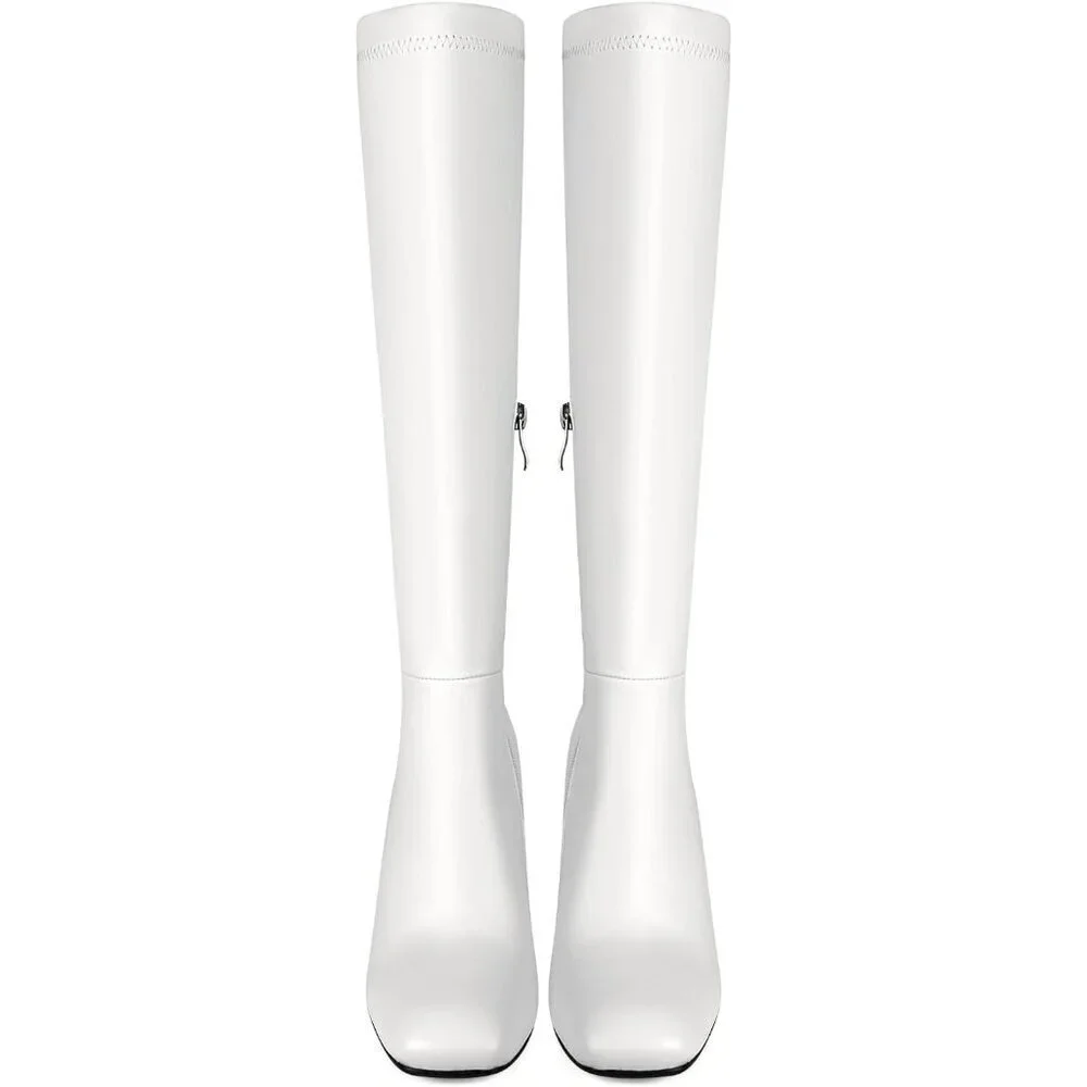 Women's Faux Leather White Square Toe Knee High Chunky Heel Side Zip Tall Boots